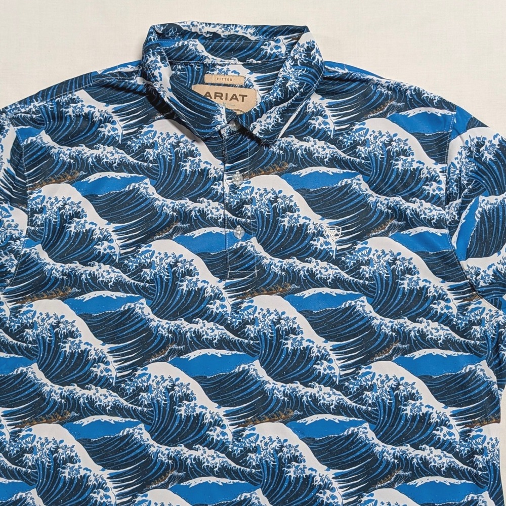 Ariat x Western Aloha Mens XL Fitted Polo Shirt Blue Great Wave Print Short Slv